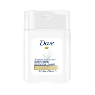 Lotion corps mini Dove Nutrition Essentielle 30ml, format voyage pour hôtels, spas et locations Airbnb