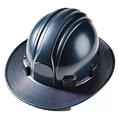 image of a brim-style hardhat, featuring a glossy navy blue finish with a wide brim for added protection