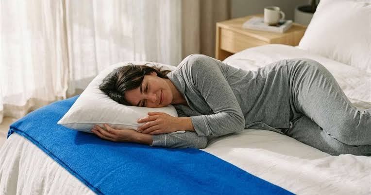 Woman side sleeping with ergonomic pillow aligned to shoulder gap