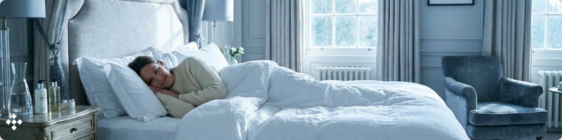 A person is lying in a bed with white linens, resting their head on a pillow and smiling towards the viewer. The room is decorated in soft blue tones, with curtains, a bedside table, and an armchair visible.