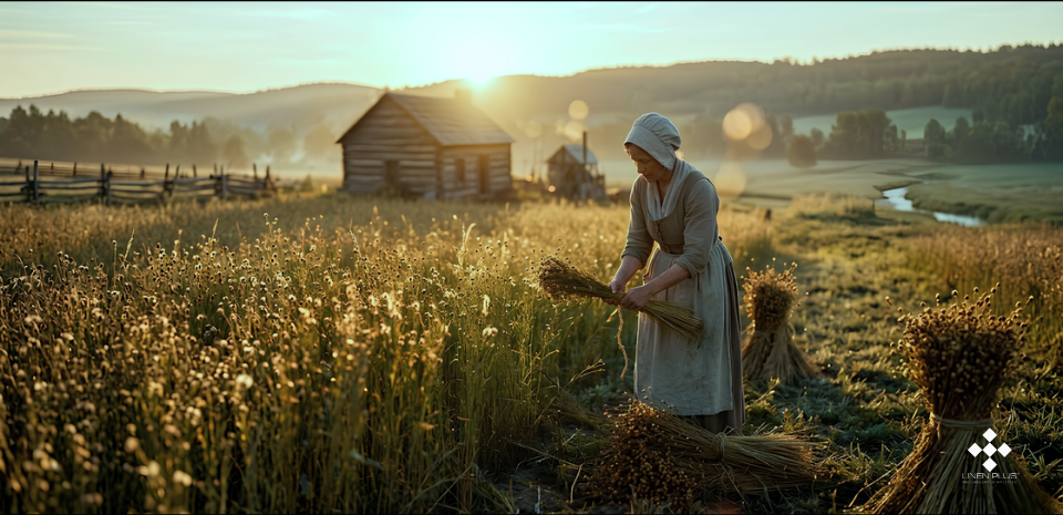 A person in historical clothing gathers flax in a field at sunrise, with a small wooden building and a river in the background.