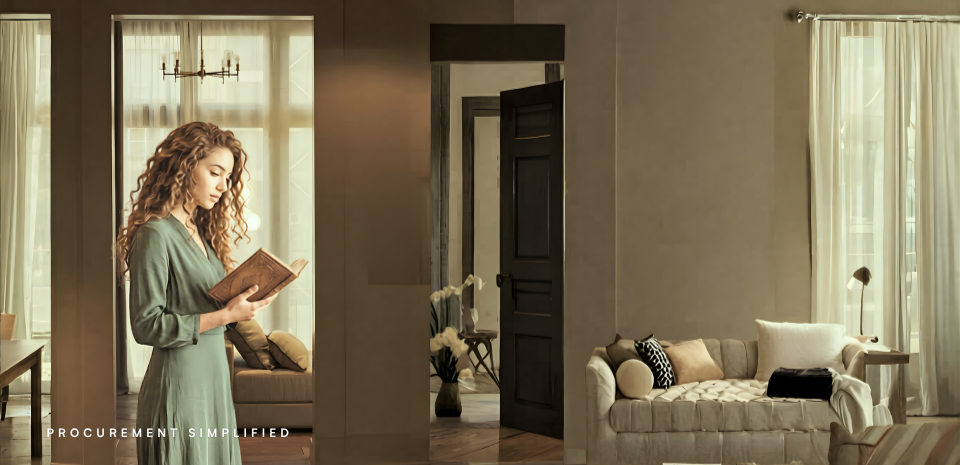 A person in a green dress stands in a doorway reading a book, with a living room and another room visible in the background.