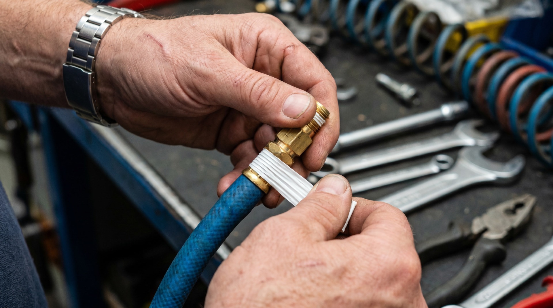 Sliding clamps and inserting brass fittings into air hose
