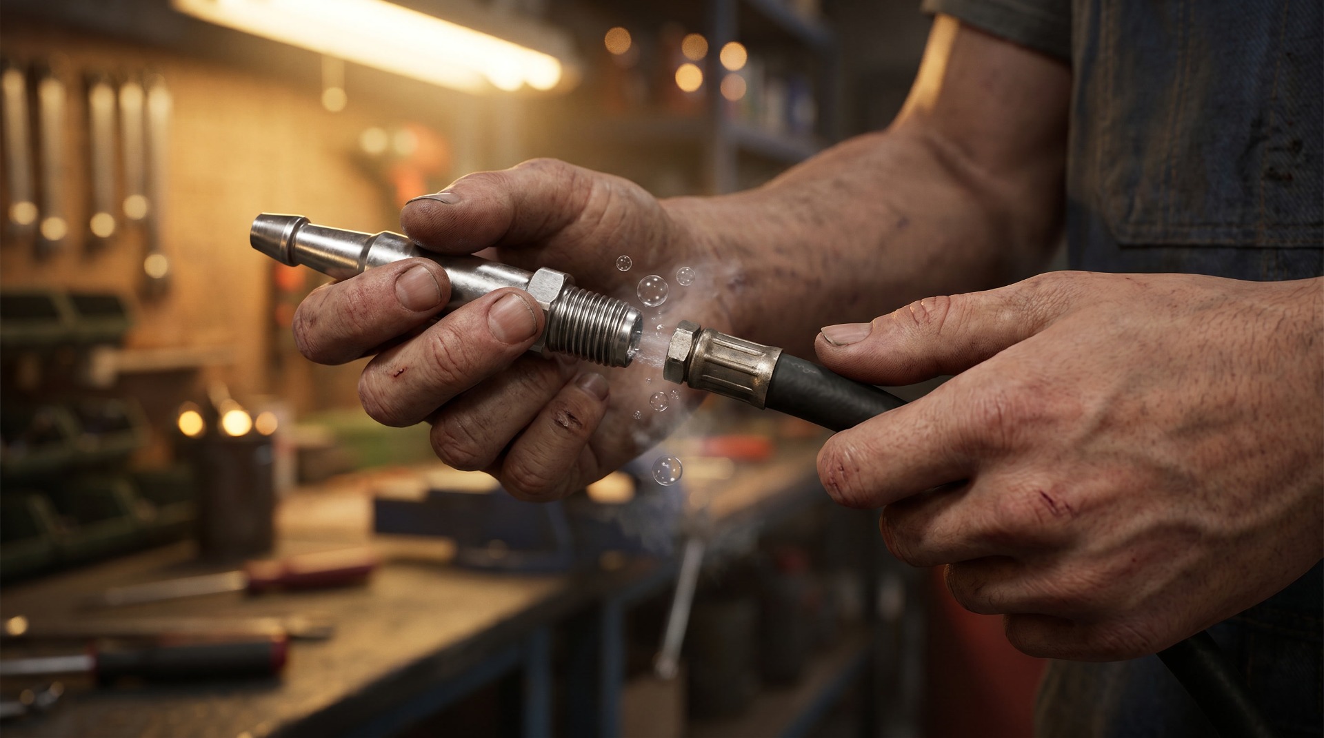 Testing repaired air hose under pressure for air leaks